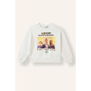 Defacto I3552A8ER105 Ekru Kpop - Demon Hunters Relax Fit Baskılı Bisiklet Yaka Sweatshirt Kız Çocuk