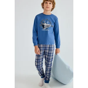 Defacto H6686A8BE341 Mavi Regular Fit Baskılı ve Ekoseli 2li Erkek Çocuk Pijama Takımı