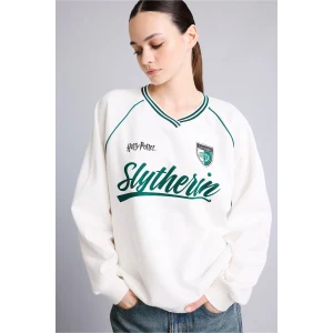 Defacto I3022AXWT32 Beyaz Harry Potter Baskılı Reglan Kollu Oversize V Yaka Kalın Sweatshirt