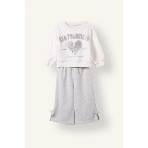 Defacto I7733A5ER105 Ekru 2li Takım Baskılı Sweatshirt Eşofman Altı Kız Bebek