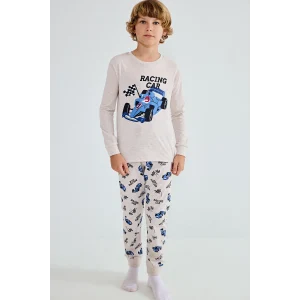 Defacto I1179A8BG114 Bej Uzun Kollu Baskılı Pijama Üstü Esnek Belli Desenli Uzun Pijama Altı 2li Pijama Takımı Erkek Çocuk
