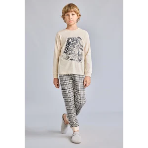 Defacto H6686A8BG286 Bej Motosiklet Baskılı Ekose Regular Fit 2li Pijama Takımı Erkek Çocuk