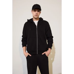 Defacto D7599AXBK81 Siyah Relax Fıt Kapüşonlu İçi Yumuşak Tüylü Kalın Kumaş Fermuarlı Sweatshirt