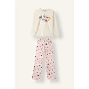 Defacto I1876A8ER105 Ekru Hello Kıtty Uzun Kollu Pijama Üstü Esnek Belli Uzun Pijama Altı 2li Takım Kız Çocuk