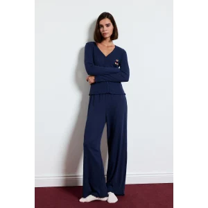 Defacto H4375AXNV241 Lacivert Regular Fit Uzun Kollu Hırka Üst Geniş Paça Alt Pijama Takımı