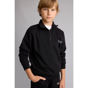 Defacto H9689A8BK81 Siyah Regular Fit Yarım Fermuarlı Dik Yaka İçi Yumuşak Tüylü Yazı İşlemeli Sweatshirt Erkek Çocuk