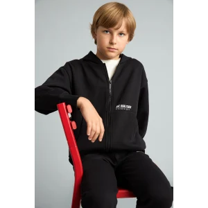 Defacto H9681A8BK81 Siyah Baskılı Kapüşonlu Fermuarlı Cepli Sweatshirt Hırka Erkek Çocuk