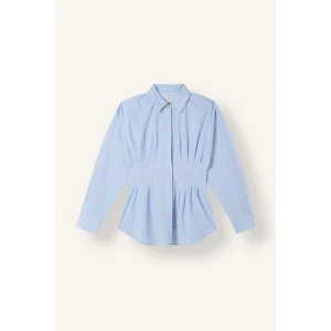 Defacto I4658AXBE552 Mavi %100 Pamuk Fitted Bel Detaylı Klasik Yaka Çizgili Poplin Uzun Kollu Gömlek