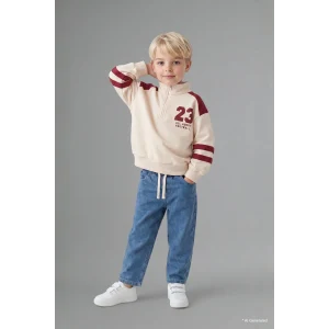 Defacto I0614A5ER98 Ekru Dik Yaka Fermuarlı Baskılı Sweatshirt Üst Jean Pantolon 2li Takım Erkek Bebek