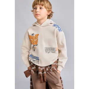 Defacto I0112A8BG74 Bej Oversize Kapüşonlu Önü Baskılı İçi Yumuşak Tüylü Sweatshirt Erkek Çocuk