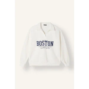 Defacto I3317AXER105 Ekru Relax Fit Açık Polo Yaka Baskılı Sweatshirt