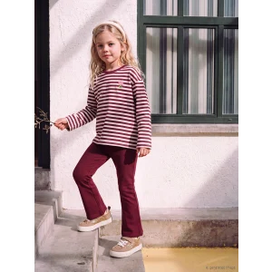 LCW Kids Bordo Bisiklet Yaka Nakışlı Çizgili Kız Çocuk Tişört