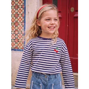LCW Kids Lacivert Bisiklet Yaka Çizgili Nakışlı Kız Çocuk Tişört
