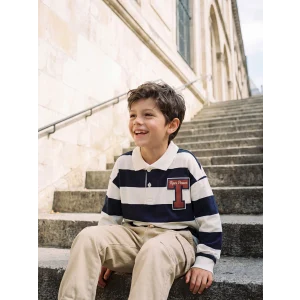 LCW Kids Lacivert Polo Yaka Çizgili Nakışlı Erkek Çocuk Tişört
