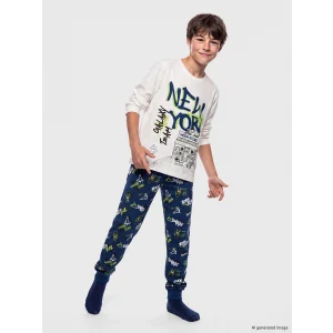 LCW Kids Ekru New York Baskılı Erkek Çocuk Pijama Takım