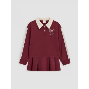 LCW Kids Bordo Polo Yaka Nakışlı Kız Çocuk Takım