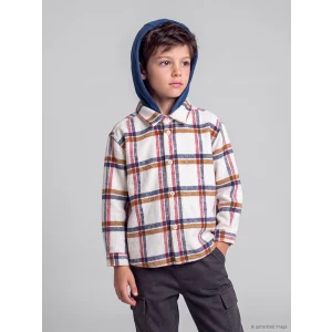 LCW Kids Ekru Kapüşonlu Ekose Gabardin Erkek Çocuk Gömlek