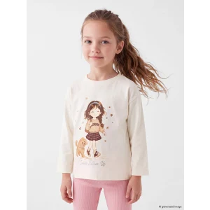 LCW Kids Ekru Bisiklet Yaka Baskılı Kız Çocuk Tişört