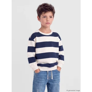 LCW Kids Lacivert Bisiklet Yaka Çizgili Erkek Çocuk Sweatshirt