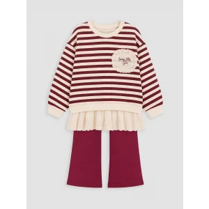 LCW Kids Bordo Fırfırlı Çizgili Kız Çocuk Sweatshirt