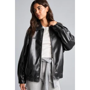 Defacto H1870AXBK27 Siyah Su itici Dad Fit Polo Yaka Beli Lastikli Fermuarlı Suni Deri Mont