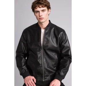 Defacto Y5367AZBK27 Siyah Su Geçirmez Slim Fit Kolej Yaka Ribanalı Fermuarlı Suni Deri Bomber Mont