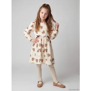 LCW Kids Ekru Bisiklet Yaka Kalp Desenli Kız Çocuk Elbise
