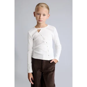 Defacto I6183A8ER105 Ekru Slim Fit Bisiklet Yaka Pencere ve Yıldız Taş Detaylı Fitilli Kaşkorse Tişört Kız Çocuk