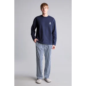Defacto H9320AXNV135 Lacivert %100 Pamuk Regular Fit Bisiklet Yaka Uzun Kollu Baskılı Üst Çizgili Alt Pijama Takımı