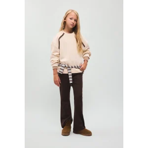 Defacto I1137A8ER142 Ekru Nakış Detaylı Uzun Kollu Sweatshirt Üst İspanyol Paça Pantolon 2li Takım Kız Çocuk