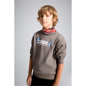 Defacto I0114A8BN571 Kahve Oversize Bisiklet Yaka Sırt Baskılı İçi Yumuşak Tüylü Sweatshirt Erkek Çocuk