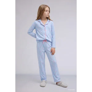 Defacto I1882A8BE791 Mavi %100 Pamuk Fiyonk Desenli Uzun Kollu Pijama Üstü Esnek Belli Uzun Pijama Altı Kız Çocuk