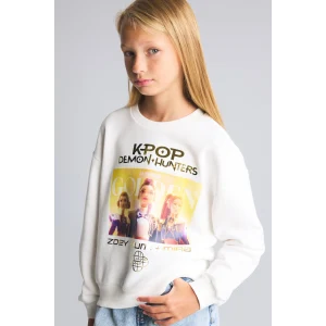 Defacto I3552A8ER105 Ekru Kpop - Demon Hunters Relax Fit Baskılı Bisiklet Yaka Sweatshirt Kız Çocuk