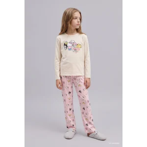 Defacto I1876A8ER105 Ekru %100 Pamuk Hello Kıtty Uzun Kollu Pijama Üstü Esnek Belli Uzun Pijama Altı 2li Takım Kız Çocuk