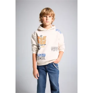 Defacto I0112A8BG74 Bej Oversize Kapüşonlu Önü Baskılı İçi Yumuşak Tüylü Sweatshirt Erkek Çocuk