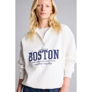 Defacto I3317AXER105 Ekru Relax Fit Açık Polo Yaka Baskılı Sweatshirt