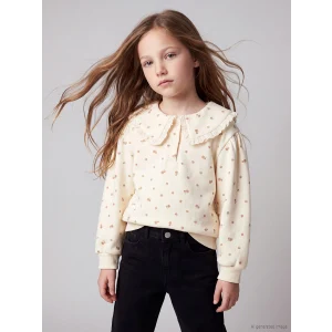 LCW Kids Ekru Polo Yaka Baskılı Kız Çocuk Kalın Sweatshirt