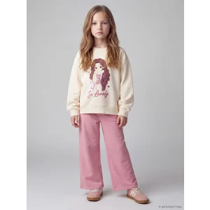 LCW Kids Ekru Baskılı Kız Çocuk Kalın Sweatshirt