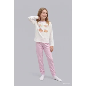 Defacto I3894A8ER105 Ekru %100 Pamuk Baskılı Uzun Kollu Üst Lastikli Paça Alt 2li Pijama Takımı Kız Çocuk
