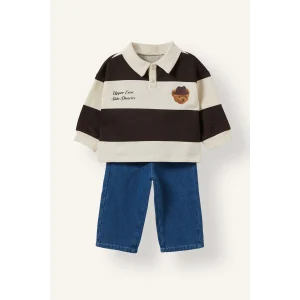 Defacto I3307A5BG734 Bej %100 Pamuk Çizgili Polo Yaka Ayı Desenli Sweatshirt ve Pantolon 2li Takım Erkek Bebek