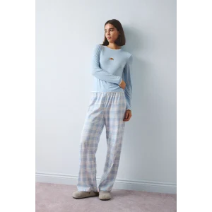 Defacto H8812AXBE343 Mavi %100 Pamuk Slım Fıt Uzun Kollu Baskılı Üst Kareli Alt Ribana Pijama Takımı