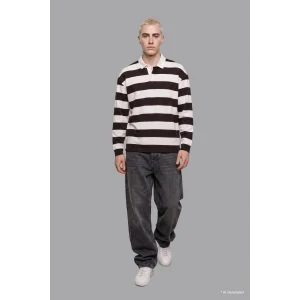 Defacto E8440AXBN337 Kahve Boxy Fıt Polo Yaka Çizgili Waffle Sweatshirt