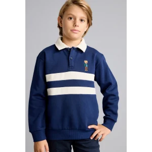 Defacto I3296A8NV31 Lacivert Oversize Polo Yaka Çizgili İçi Yumuşak Tüylü Uzun Kollu Sweatshirt Erkek Çocuk