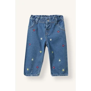 Defacto I5295A5NM28 Mavi %100 Pamuk Çiçek Nakışlı Beli Lastikli Baggy Fit Jean Pantolon Kız Bebek