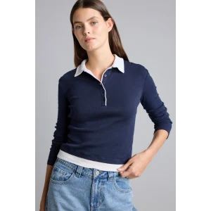 Defacto I2637AXNV245 Lacivert Slim Fit Kontrast Polo Yaka Ribana Uzun Kollu Basic Tişört