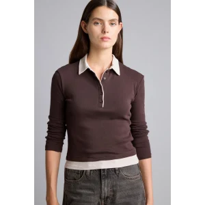 Defacto I2637AXBN340 Kahve Slim Fit Kontrast Polo Yaka Ribana Uzun Kollu Basic Tişört
