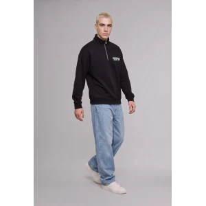 Defacto H3868AXBK81 Siyah Boxy Fit Yarım Fermuarlı Dik Yakalı Baskılı Uzun Kollu Sweatshirt