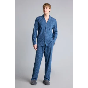 Defacto I2466AXNV164 Lacivert %100 Pamuk Regular Fit Mikro Desenli Uzun Kollu 2li Pijama Takımı