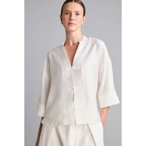 Defacto I8515AXWT32 Beyaz Oversize Hakim Yaka Brit Düğmeli Uzun Kollu Basic Bluz