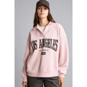 Defacto I6215AXPN38 Pembe Regular Fıt Kaçık Yaka Baskılı Kalın Sweatshirt Kumaşı Sweatshirt